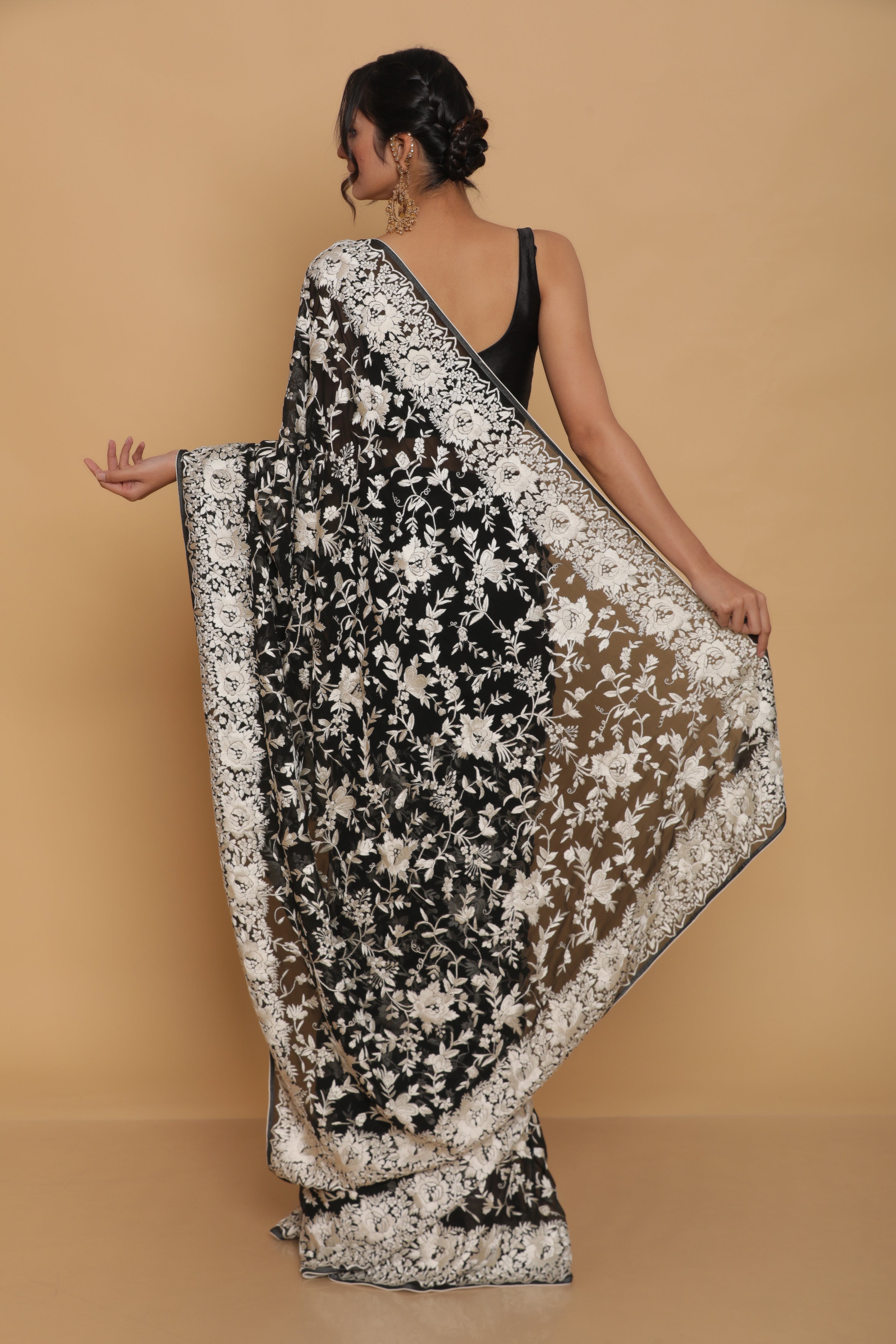 Black Hand Embroidered Gara Parsi Saree