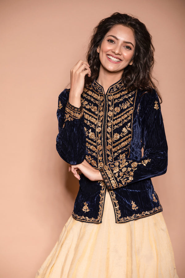 Blue Velvet Jacket with Gold Embroidery