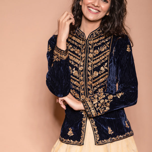 Blue Velvet Jacket with Gold Embroidery – Pia Ka Ghar