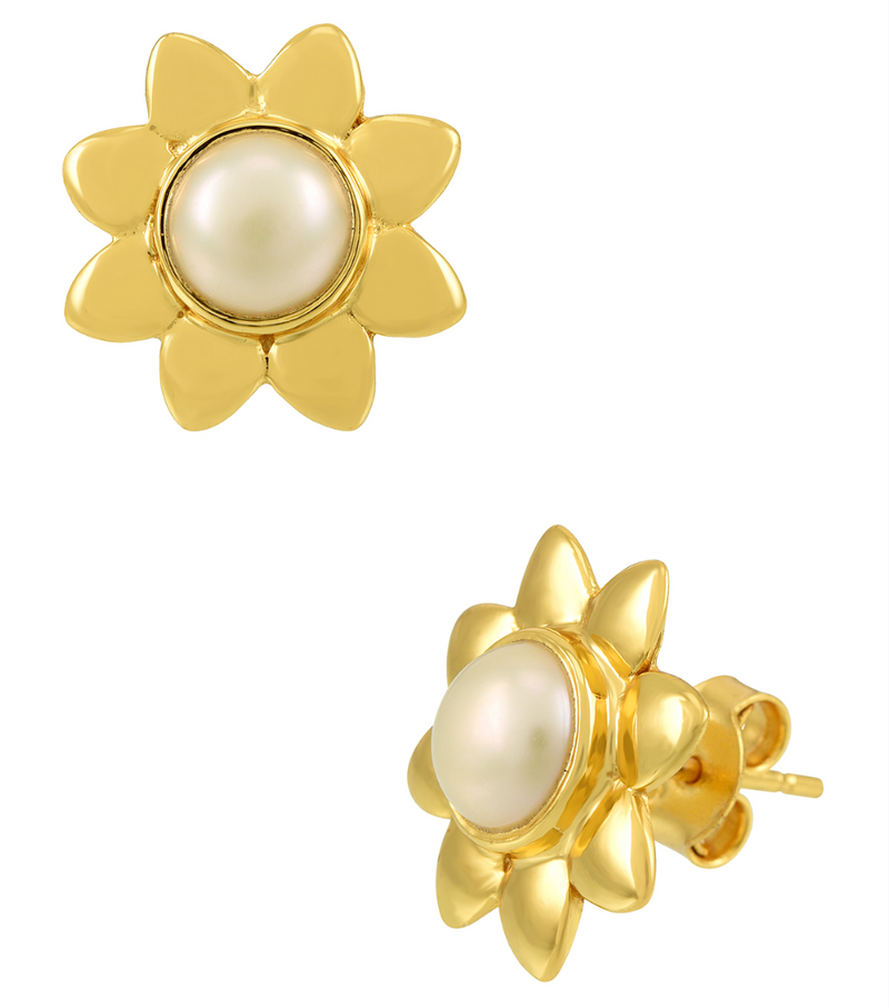 Silver Gold Plated Pearl Flower Studs
