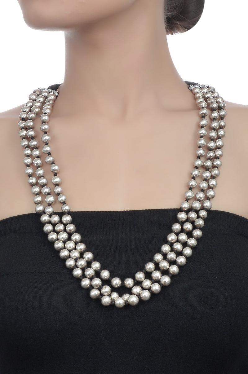 Silver Three Layer Round Bead Necklace