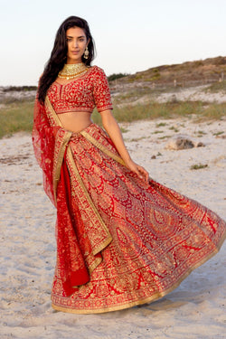 Red & Gold Hand Embroidered Lehenga Set
