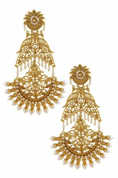 Silver Gold Plated Mayura Lotus Pearl Citrine Chaand Earrings