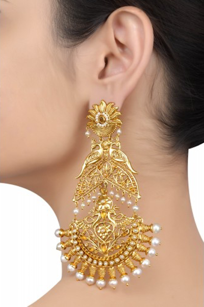 Silver Gold Plated Mayura Lotus Pearl Citrine Chaand Earrings