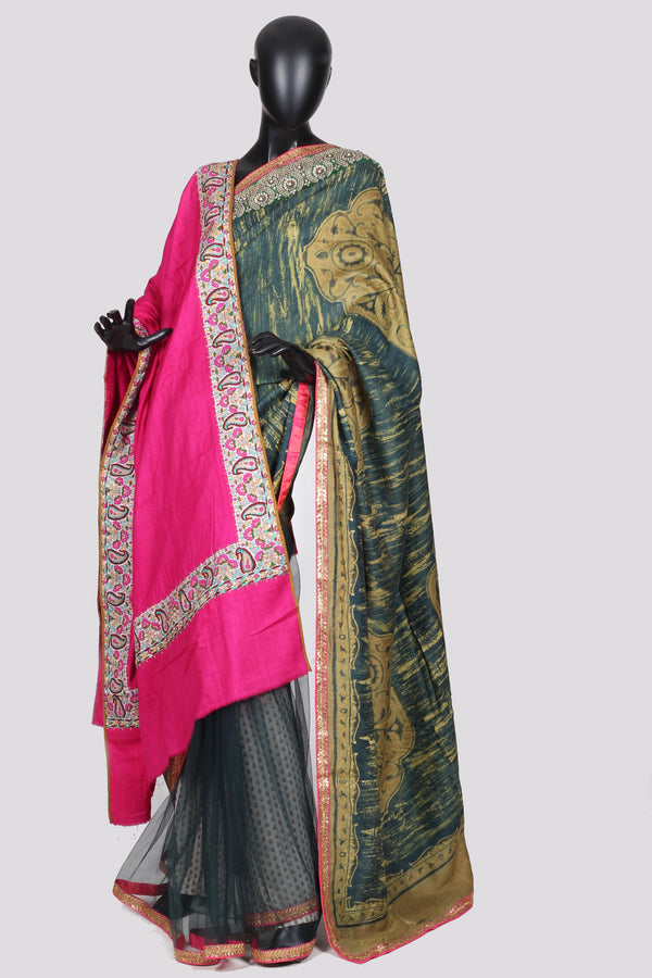 Printed silk half and half saree