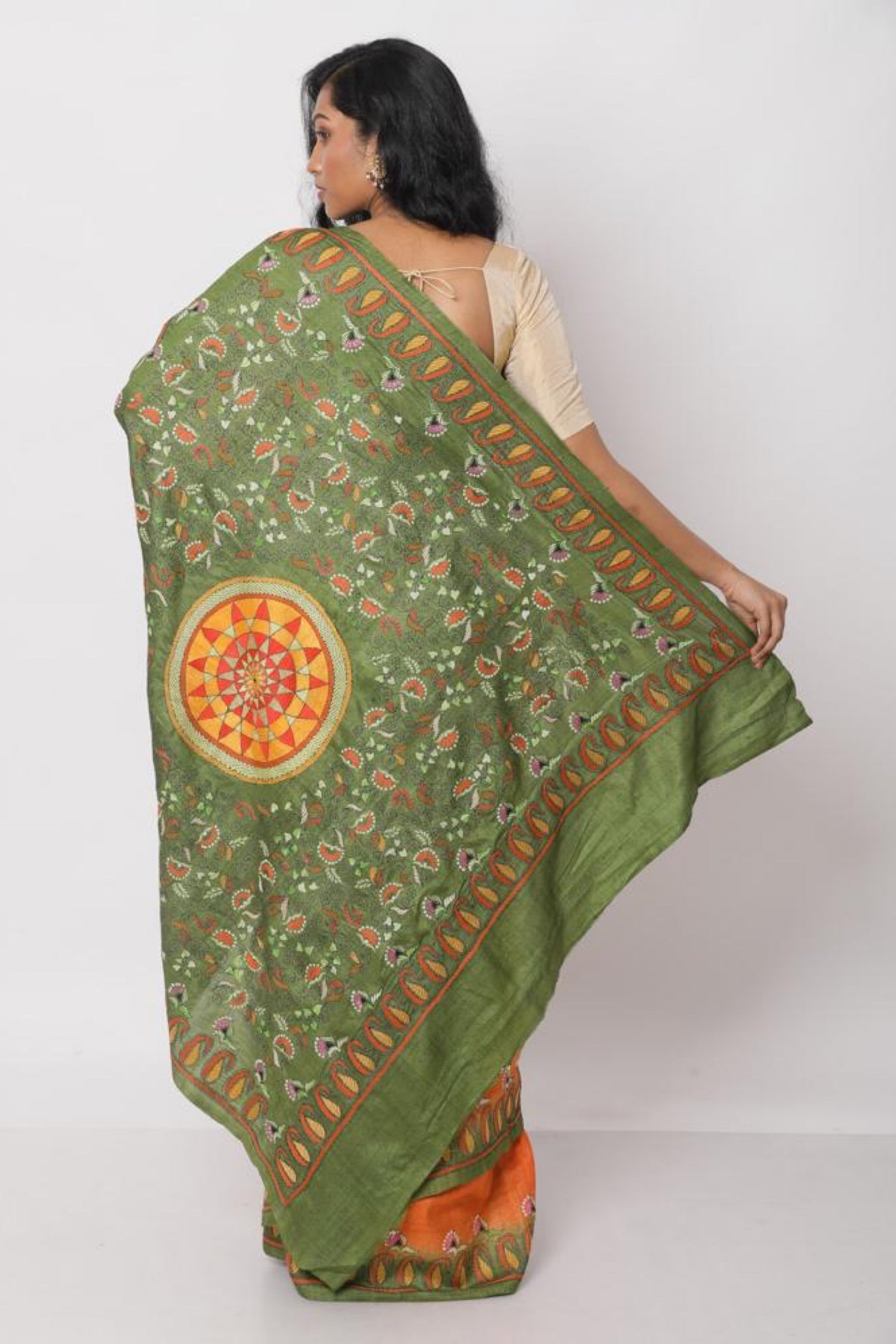 Orange Tussar Kantha saree
