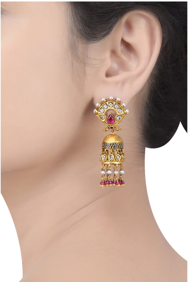Silver Gold Plated Glass Pearl Floral Jhumki Earrings