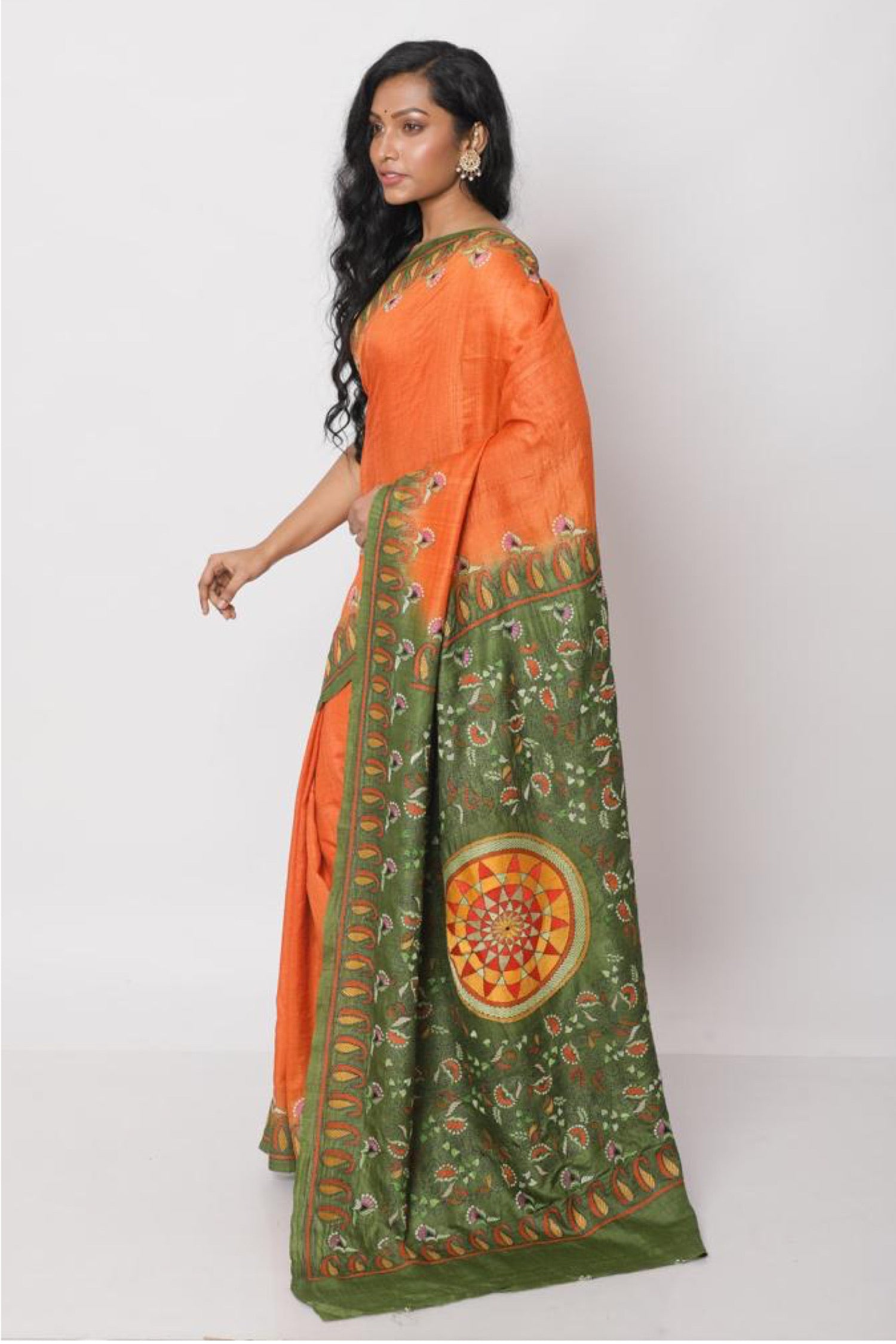 Orange Tussar Kantha saree