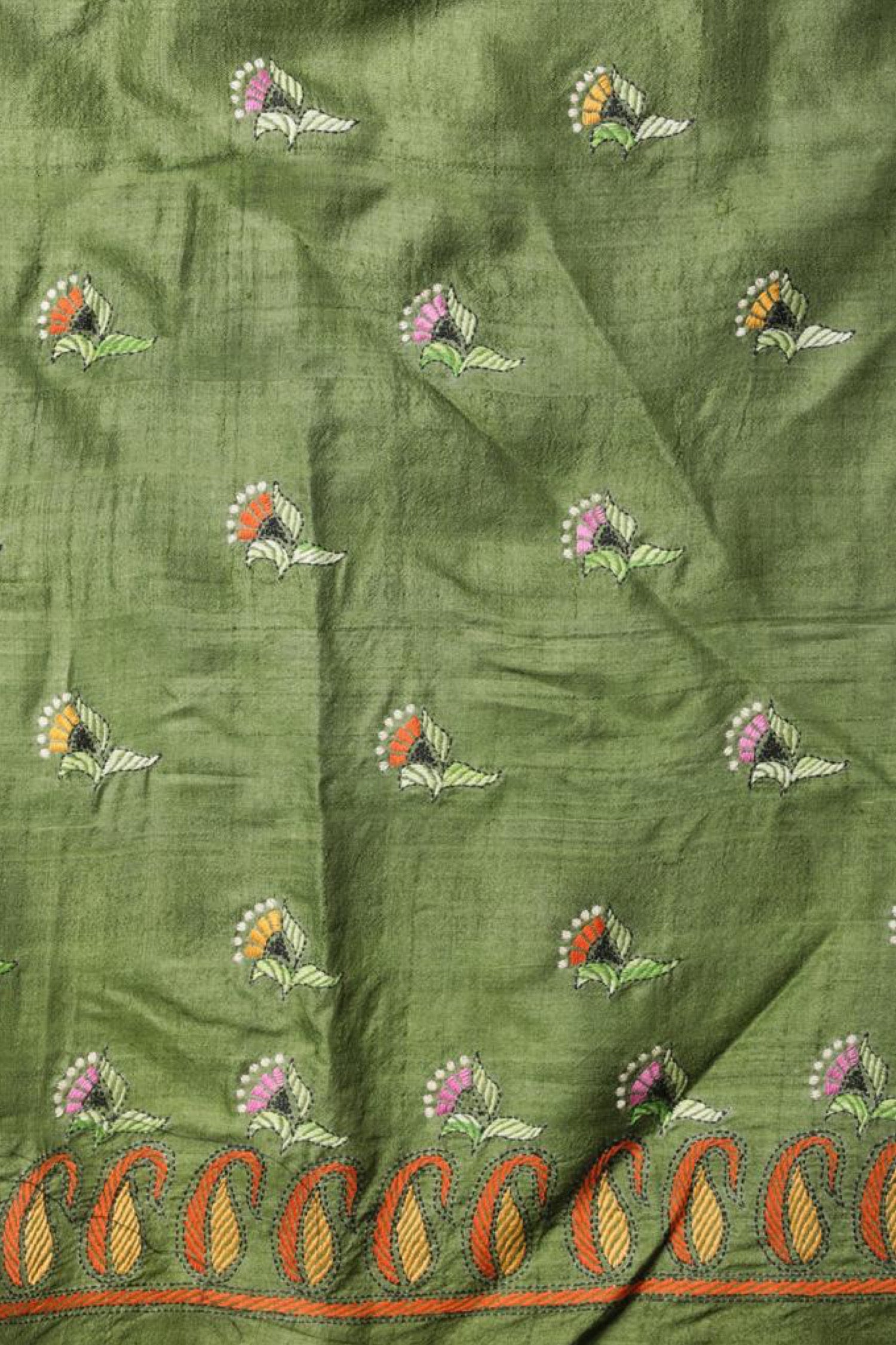 Orange Tussar Kantha saree