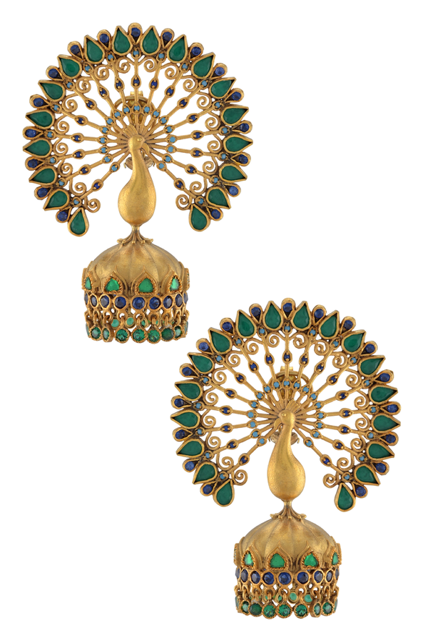 Silver Gold Plated Green Mayura Jhumka Earrings