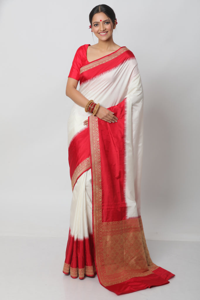 Buy Bengali White Jamdani Saree with Red Border