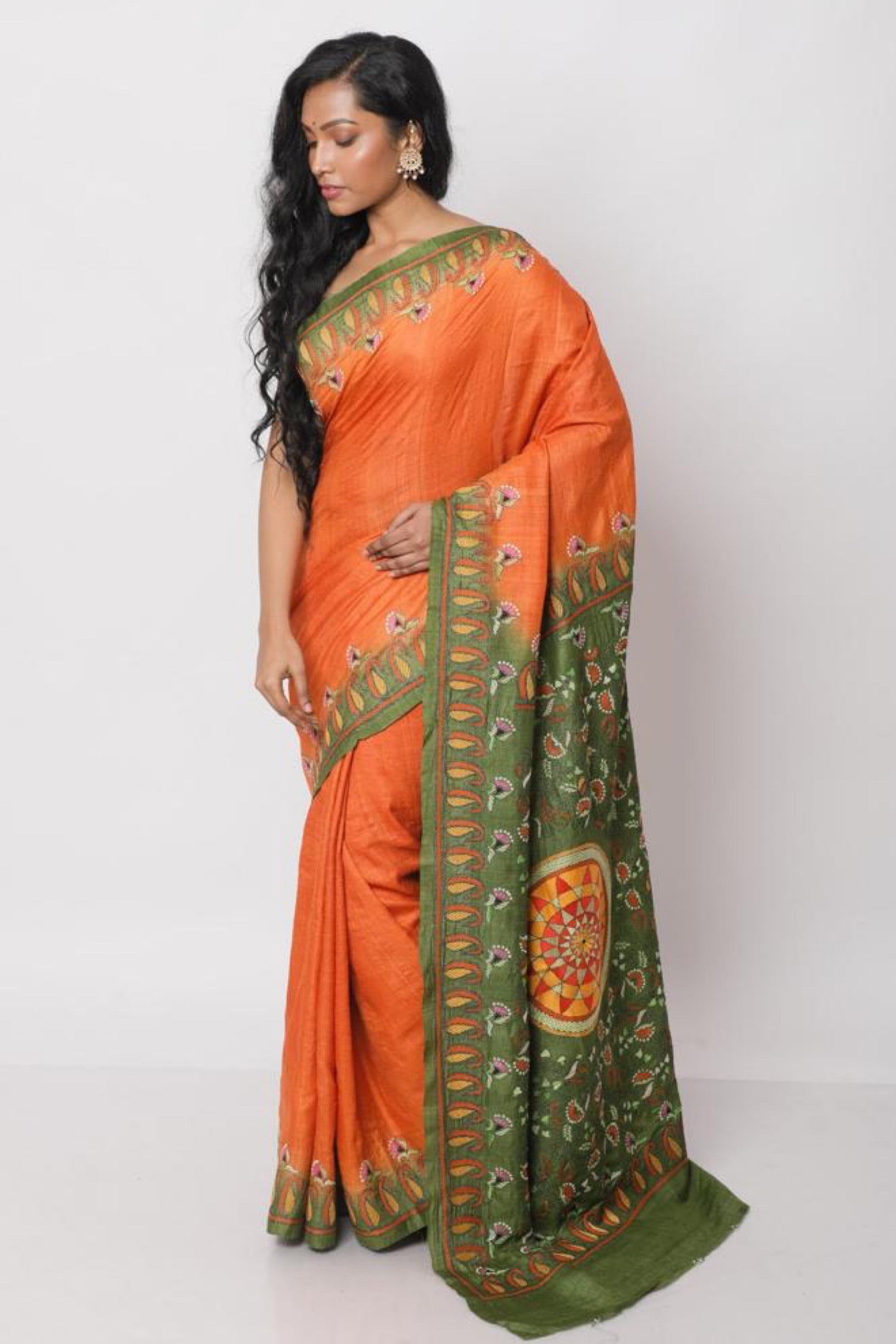 Orange Tussar Kantha saree