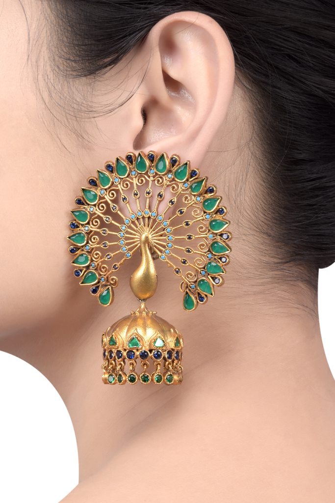 CZ embellished Chanbali earrings with peacock design and drop detail. |  Kameswari Jewellers