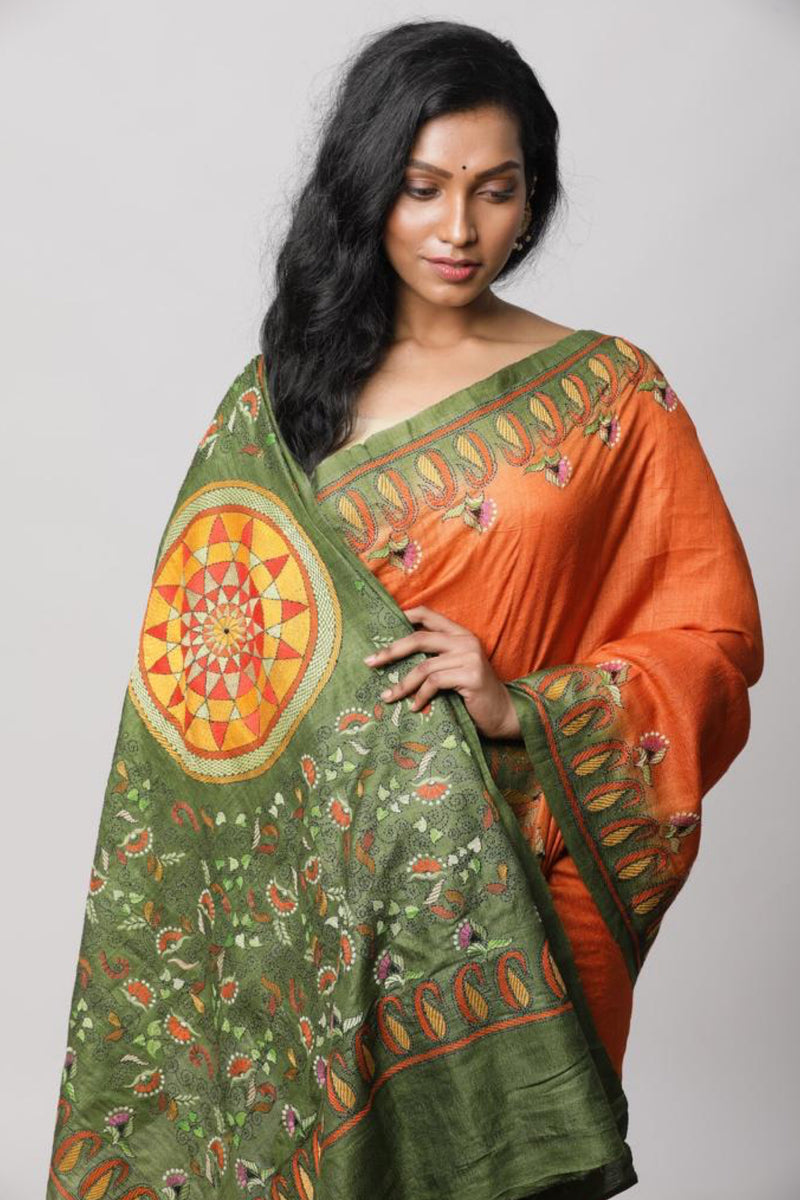 Orange Tussar Kantha saree