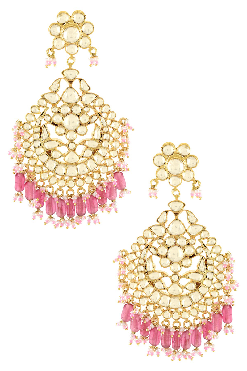 Silver Gold Plated Apsara Flower Pink Glass Chandbali Earrings