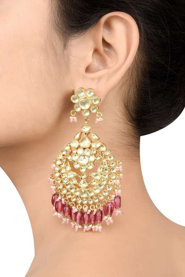 Silver Gold Plated Apsara Flower Pink Glass Chandbali Earrings