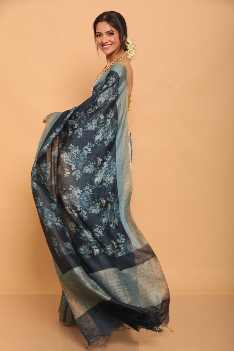 Blue Printed Floral Tussar Saree