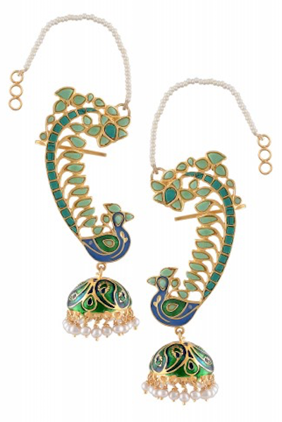 Silver Gold Plated Turquoise Peacock Jhumki Earcuffs