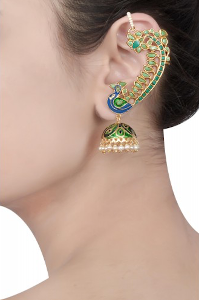 Silver Gold Plated Turquoise Peacock Jhumki Earcuffs