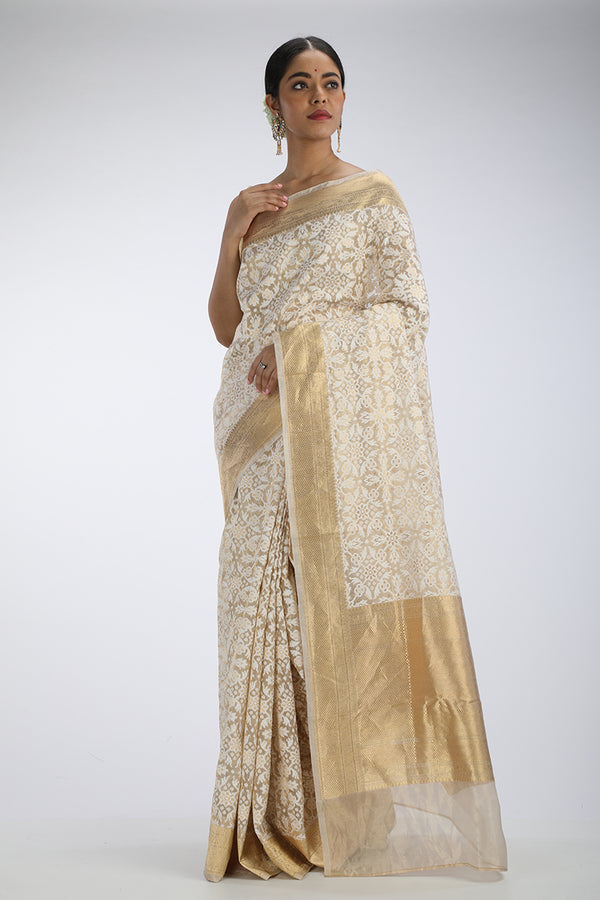 White and gold kora silk benarasi saree